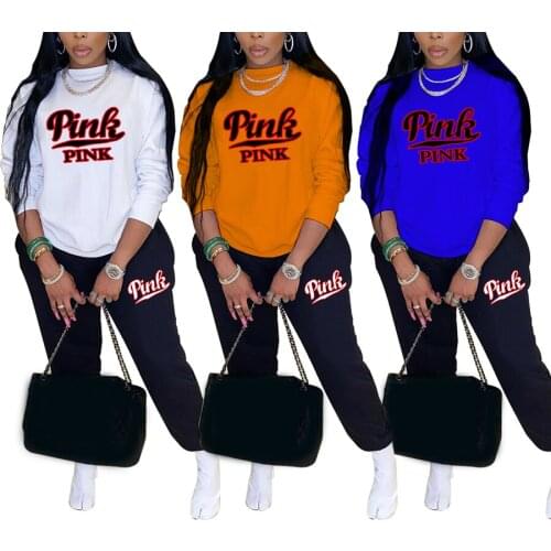 Autumn Tracksuits Pants Set Suits Women Pink Letter Print Sport Outfit Sweatshirt Top+Pants Two Piece Set Women Sweat Suit 2021