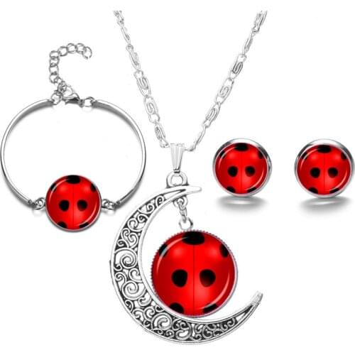 Cute Ladybug Moonstone Bridal Jewelry Sets Moon Round Stud Jewelry Set Earrings Bracelet Necklace Sets For Women Birthday Gifts