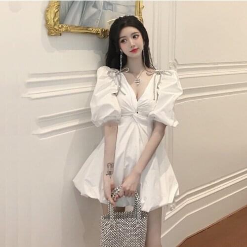 Sexy Dress Women Summer Deep V Neck bowknot twist together Dresses Bandage mini Court style Dress HB450