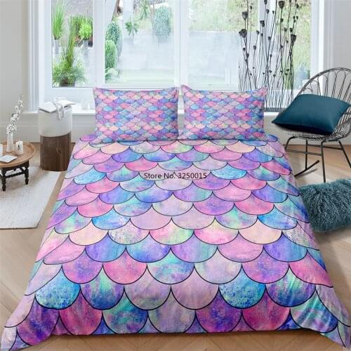 Dropshipping 2/3Pcs Fish Scales Bedding Set Colorful Mermaid Scale Bedding Quilt Cover Pillowcase Queen Kids Girls