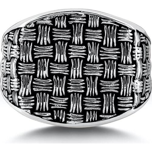 925 Sterling Silver Rectangle Plain Ring for Men With Natural Wicker Knitting Nonestone Simple Rustic Flat Top Band MaleJewelery