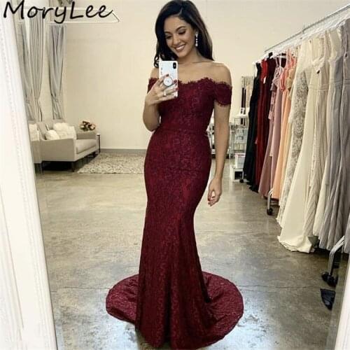 Burgundy Evening Dresses Off The Shoulder Floor Length Mermaid Lace Prom Dresses With Zipper Back vestidos de fiesta de noche