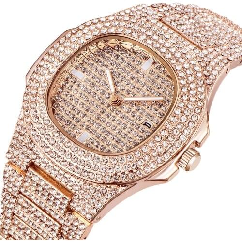 Rose Gold Men Woman Watches Luxury Relogio Masculino Iced Out Mens Quartz Watches Bling Diamond Watch Waterproof Male Clock