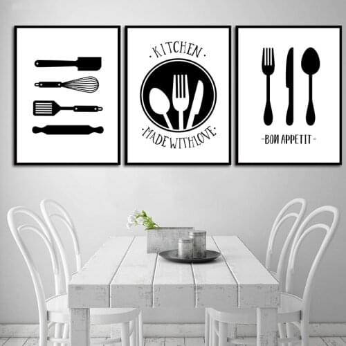 Black White Cooking With Love Kitchen Quote Wall Art Canvas Painting Prints Posters Kitchen Dining Room Decoration