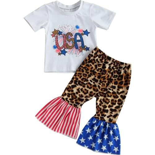 Kid Girl Tops, Trousers Suit Star Letters Printed Short Sleeve Summer Leopard Flouncing Wide Leg Pants
