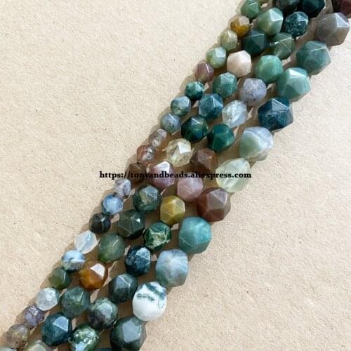 15" Natural Stone Big Cuts Faceted Indian Agate Round Loose Beads 6 8 10 mm Pick Size