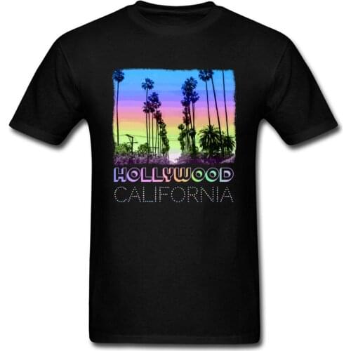 Hip Hop Black Tops Tees Men T Shirt Plain Cotton Tshirt Summer Clothes Hollywood California Palm Trees Fun Neon Retro Design