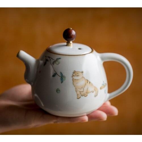 Ceramic Simple Cute Cat Office Teapot Creative Porcelain Tea Pot with Handle Household Retro Ru Kiln Kung Fu Kettle Drinkware