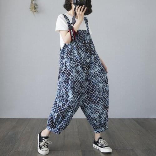 Street Wear Fashion Lady Jumpsuits Print Floral Cotton Vintage Women Rompers Sleeveless Baggy pants Woman Jumpsuits Overalls