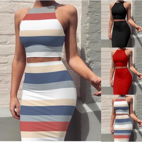 Two Piece Set Women Skirt Elegant O-Neck Sleeveless Stripe Printing And Solid Tight Tank Dress 2-Piece Sets Conjuntos De Vestido