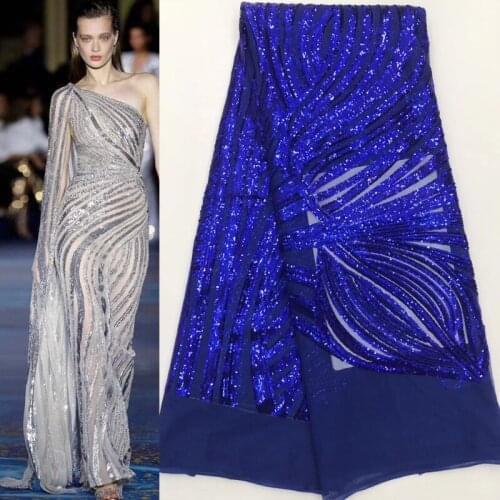 9colors High quality royal blue African French net lace fabric 5yards/pc gorgeous sequins lace fabric for fashion dress FJL007