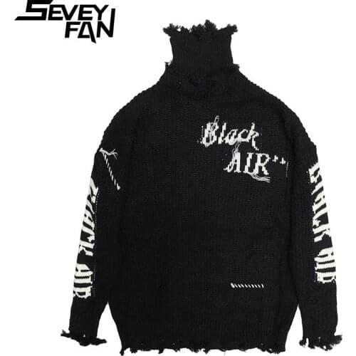 Turtleneck Pullover Worn Letter Print Tassel Hole Sweater Couple Harajuku Casual Pullover Hip Hop Black Casual Top