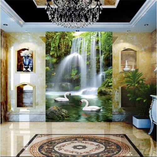 Beibehang home decor Swan Lake stereoscopic landscape waterfall corridor restaurants large mural wallpaper for walls 3 d