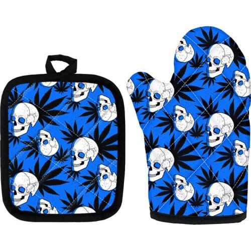 2021 New BBQ Tools Heat Resistant 2pcs Mitten and Pad Gothic Skulls and Weed Pattern Blue Glove for Baking Microwave Oven Sets