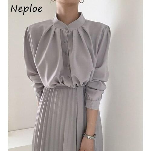 Neploe Elegant Stand Collar Pleated Dress Women French Autumn Drawstring Vestidos Solid Color High Waist Soft Femme Dresses