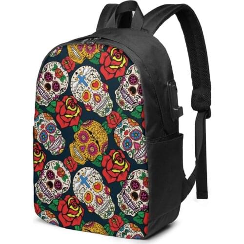 Mexican Sugar Skull With Rose Women Men Backpack USB Charge School Bag For Girl Boy Travel Laptop Bookbag Daypack