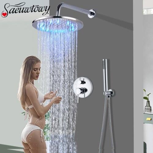 Saeuwtowy Chrome Wall Mounted Concealed Shower Faucet Set LED Rain Shower Faucet Head LED Bathroom Faucet Hot Cold Mixer Crane