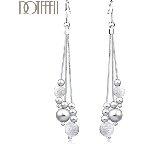 DOTEFFIL 925 Sterling Silver Three-Line Multi-Bead Earrings Fashion Woman Frosted Beads Earrings Jewelry