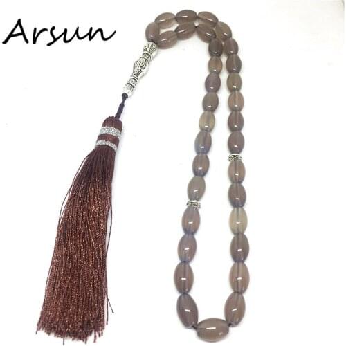 Gray Agate Islamic 33 Rosary with Tassel muslim tasbih gift Allah misbaha sibha tesbih tespeeh Free Shipping