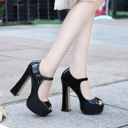 New Mary Jane High Heel Pumps Peep Toe Sandals Black Platform Patent Leather Party Wedding Shoes Woman Sandals Large Size 35-46