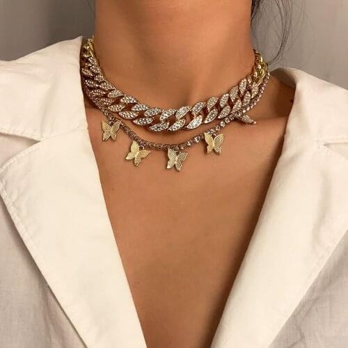 Vintage Exaggerated Rhinestone Butterfly Charms Choker Necklace Women Fashion Geometric Thick Chain Necklace Pendants Jewelry