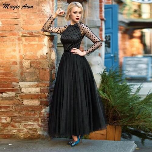 Magic Awn Vintage Black Prom Dresses 2021 Long Sleeves Polka Dots Tulle Illusion Open Back Ankle-Length 1950s Evening Party Gown
