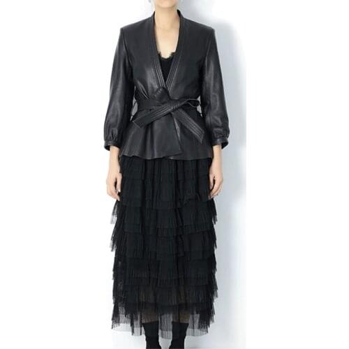 2020 Natural Leather Women Lambskin Leather V-neck Jacket Long Sleeves 100% Sheepskin Leather