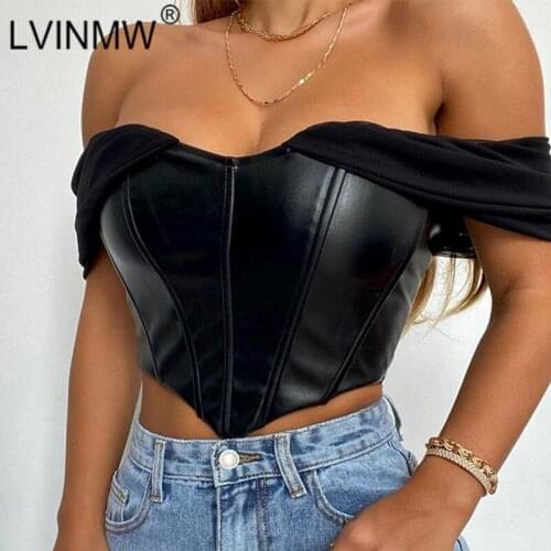 LVINMW Slash Neck Backless Sexy Patchwork Skinny Crop Top PU Leather Back Zip Slim Chic Mesh Tank Tops For Women Club Party