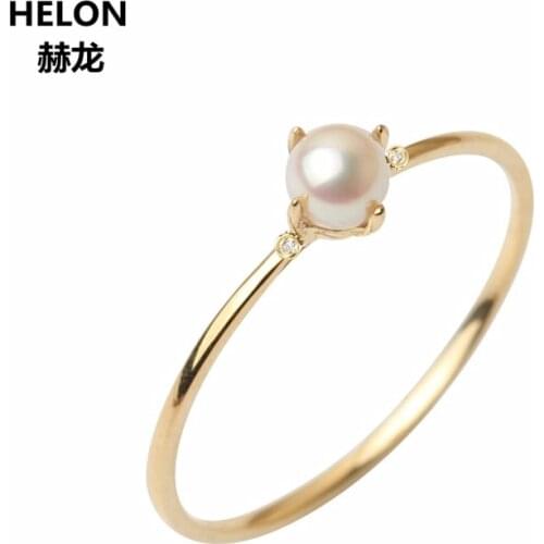 Solid 14k Yellow Gold Engagement Wedding Ring for Women Girl Party Fine Jewelry Romantic Natural Freshwater Pearl 4mm Round