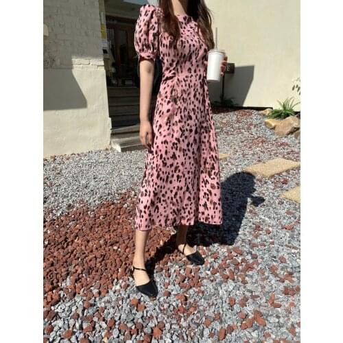 Leopard print pink dress women 2021 spring new waist mid-length puff sleeve chiffon skirt