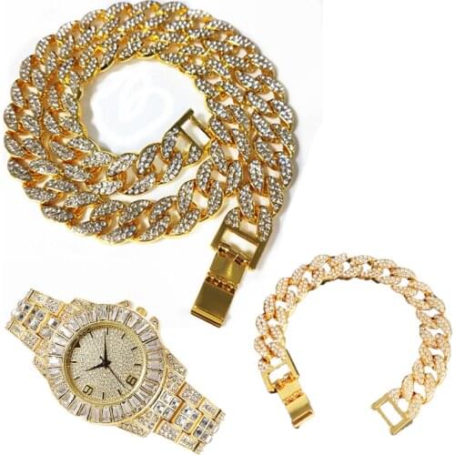3pcs Kit 15MM Iced Out Hip Hop Paved Rhinestones Miami Cuban CZ Necklace+Watch+Bracelet Bling Rapper Necklaces For Man Jewelry