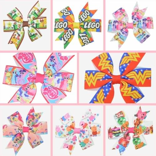 SUPWRF 3.1'' Cartoon bow Girls Hair Bow With Clip Boutique Printed Ribbon headwear diy wholesale 20 piece T0929