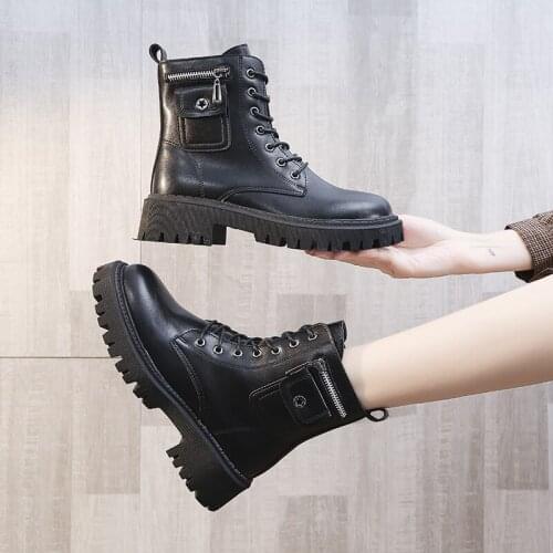 Nice Black Platform Combat Ankle Boots For Women Lace Up Buckle Strap Woman Shoes Winter Biker Boots