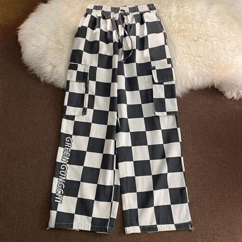 Harajuku Checkerboard Wide Leg Pants Women Chic Drawstring Loose Casual Sport Pants Retro Khaki High Waist Overall Blue Trousers