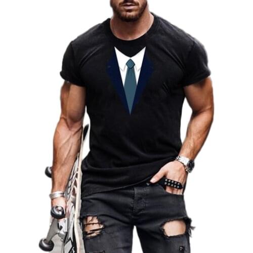 European and American mens round neck short-sleeved shoulder t-shirt 2021 summer new casual loose solid color printed t-shirt