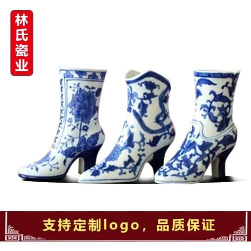 Jingdezhen Ceramics New Chinese Blue and White Pattern Creative High-footed Shoes Flower Arrangement Porcelain Vase and Flower A
