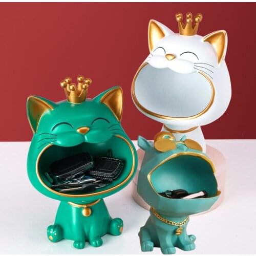 Big Mouth Lucky Cat Big Mouth Sunglasses Dog Storage Box Resin Figurine Creative Ornaments Candy Key Organizer Home Decoration