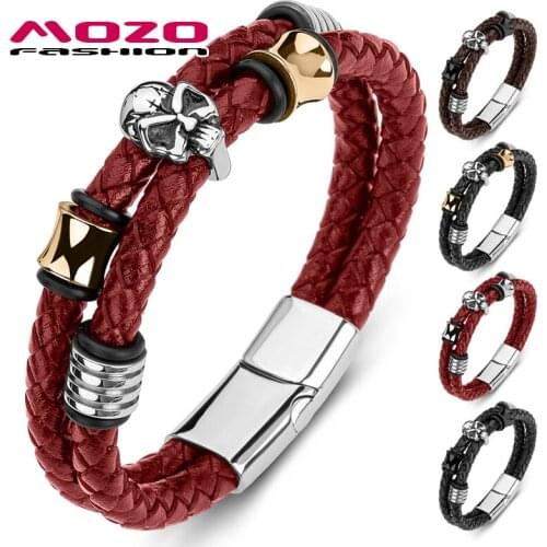 MOZO FASHION 2021 Man Bracelet Braided Leather Rope Chain Stainless Steel Domineering Skull Punk Bangle Wholesale Jewelry 187
