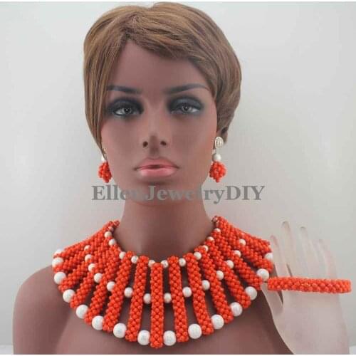 Coral African beads Bride Jewelry Set Nigerian Wedding Party Beads Statement Necklace women Free Shipping W13081