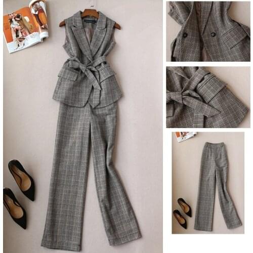 Office Lady Must Have Notched Collar Plaid Suit Vest and Elegant Plaid Wide Leg Pants Suit Trousers One Set