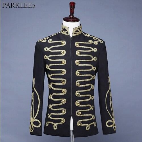 Mens Steampunk Military Drummer Blazer Jacket Stand Collar Zipper Punk Gothic Parade Jacket Men Prom Vintage Suit Jacket Male