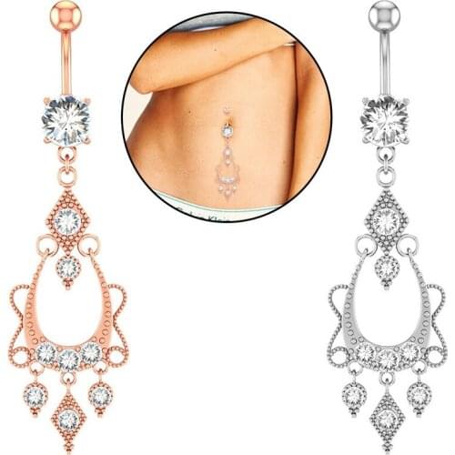 Women Belly Button Piercing Long Stainless Steel Dangled Female Navel Piercings Crystal Opal Accessories Sexy Woman Body Jewelry