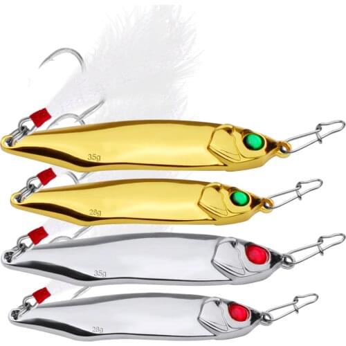 2Pcs Metal Gold Spoon Lure 10G/15G/20G/28G/35G Hard Bait Spoon Bass Carp Baits 6# Hook with Feather Fishing Tackle for Fish