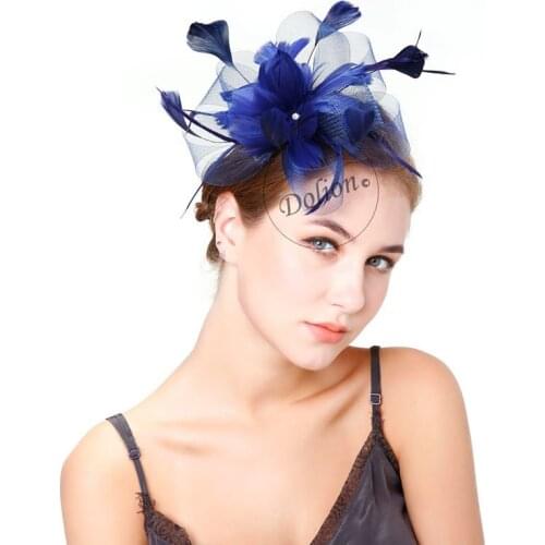 Lady Fedoras Hat Female New Feather Fedoras Hat Girls Hairpin Banquet Cap Mesh Hairdressing Party Headwear Women Party Cap B8303