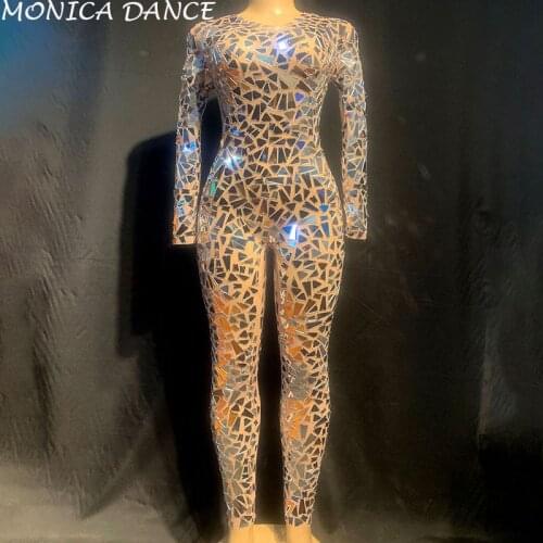 Sexy Stage Silver Mirrors Jumpsuit Mesh Dance Costume Women stage Performance Dance Net Yarn Bodysuit Sexy Nightclub Jumpsuit