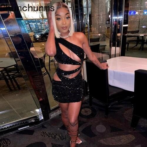 2021 Summer Black Sparkly Sexy Dress for Women Birthday Party Night Clubwear Hollow Out One Shoulder Bodycon Mini Dresses