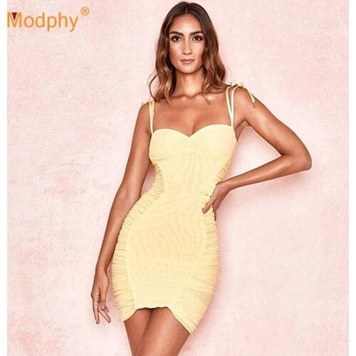 2020 Fashion New Yellow Women Dress Yellow Sexy Sleeveless Bodycon Mini Dress Female Club Celebrity Evening Party Vestidos