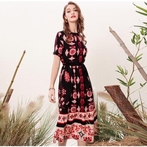 Printed real silk dresses women natural silk 2019 high quality girls black red floral work retro beach dress elegant plus size