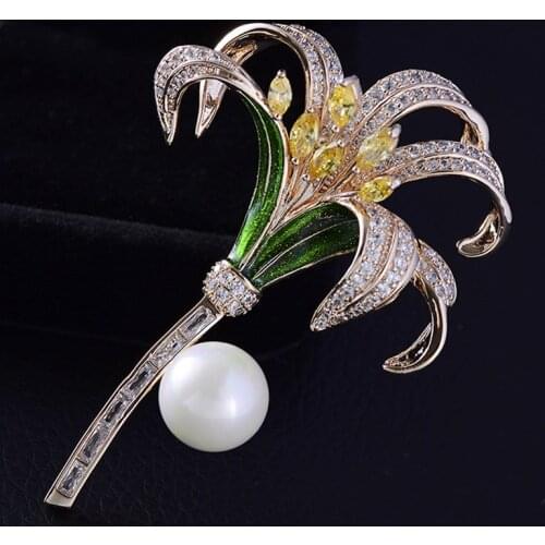 Zlxgirl metal Copper Cubic zircon flower Shape copper brooches Women Gold Color Classic Wedding Decoration Enamel Corsage Pins