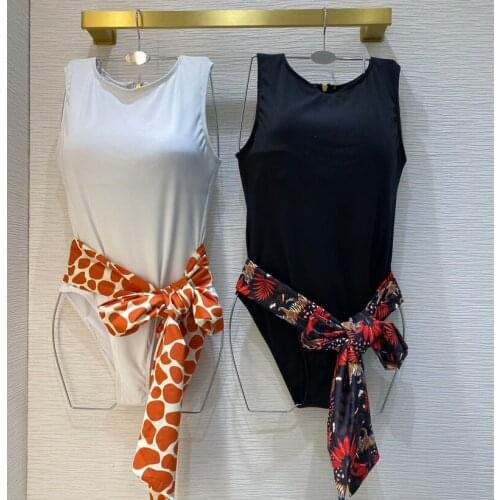 2021 women Summer holiday o-neck sleeveless zipper Bodysuits Sexy push up Rompers swimsuit one-piece suit with print scarf y419